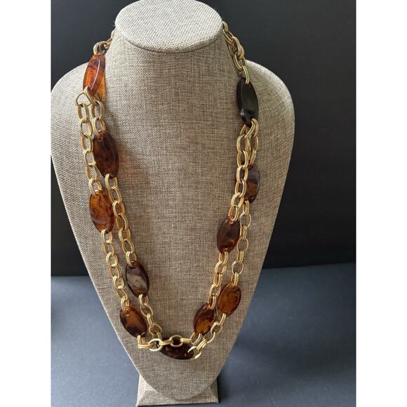 YSL Yves Saint Laurent Acrylic Chain Belt Necklace Gold Tone Shell Link